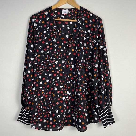 Cabi Floral Print Full Button‎ Down Top Size XL Mixed Media Striped Jersey Cuff - Picture 1 of 9